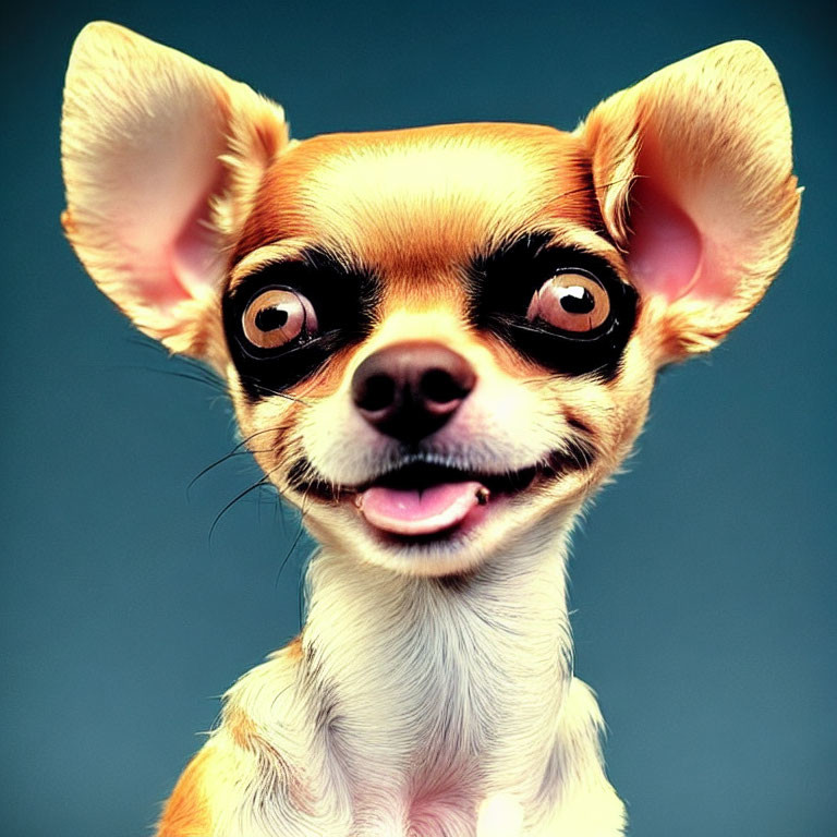 Stylized Chihuahua with large eyes and ears on blue background