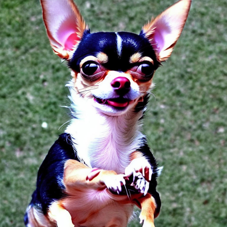 Smiling Chihuahua with Large Ears and Black Tan Fur