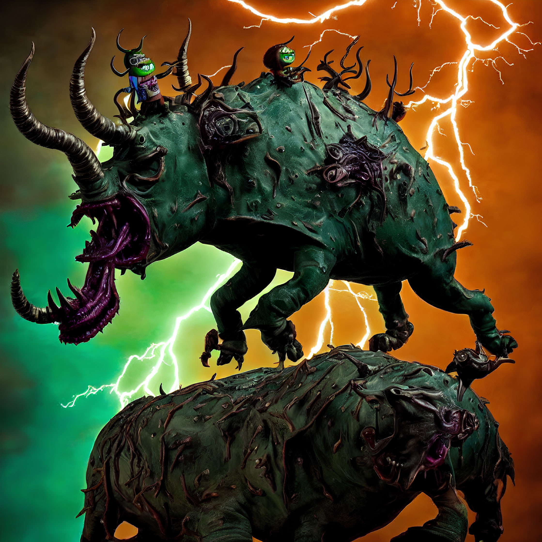 Animated green orcs on beasts under stormy sky with lightning