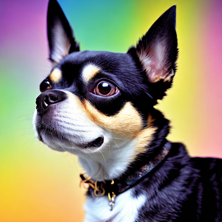 Tricolor Chihuahua on Vibrant Rainbow Background
