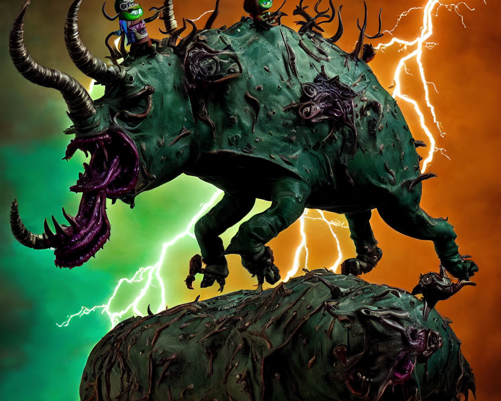 Animated green orcs on beasts under stormy sky with lightning