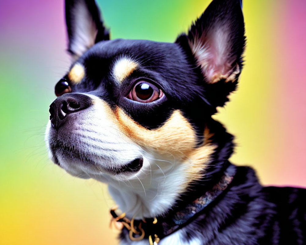Tricolor Chihuahua on Vibrant Rainbow Background