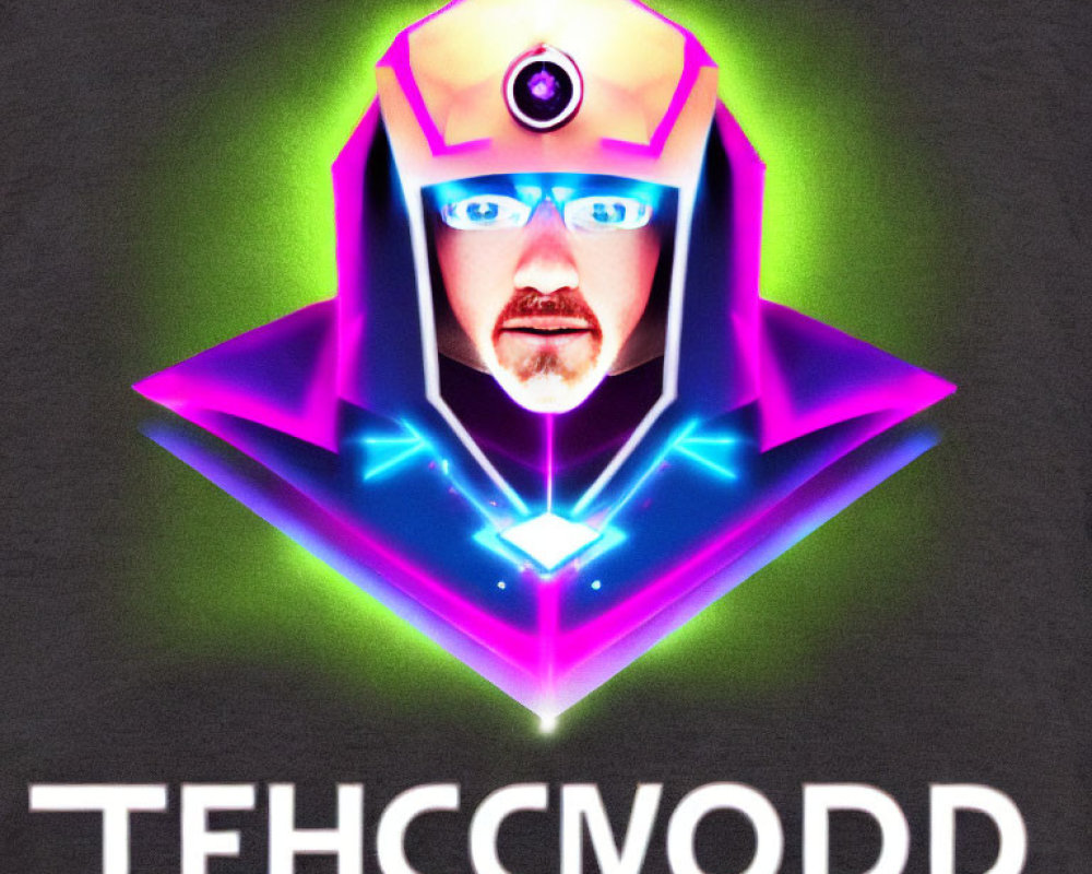 Neon purple visor frames person with glasses and headset in graphic illustration