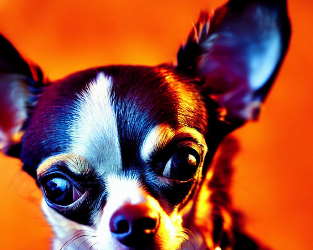 Small Chihuahua with Large Ears and Glossy Eyes on Orange Background