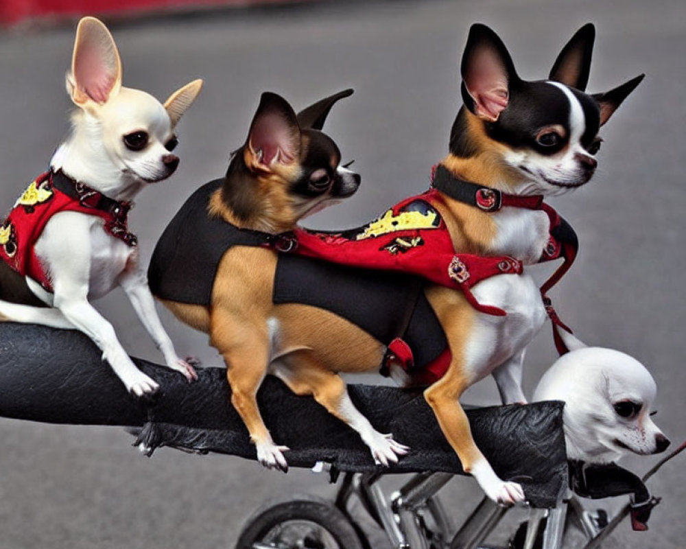 Four Chihuahuas in superhero costumes on miniature float at parade