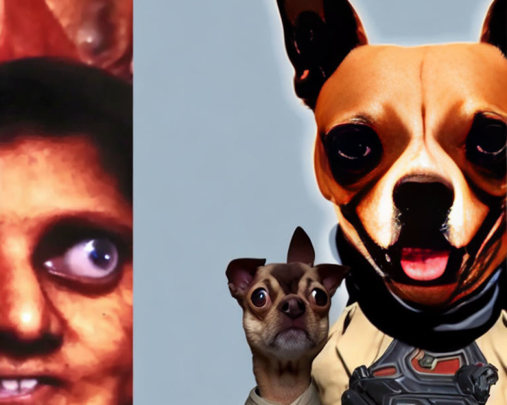 Three dogs with human-like bodies in different outfits in a dark setting