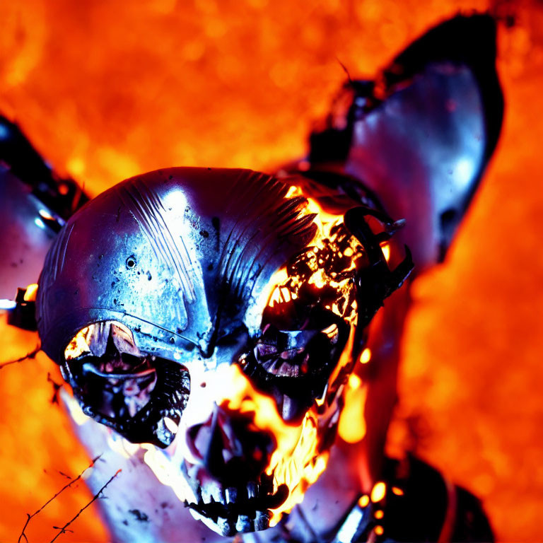 Metallic Skull with Glowing Eyes in Fire: Sinister Robotic Vibe