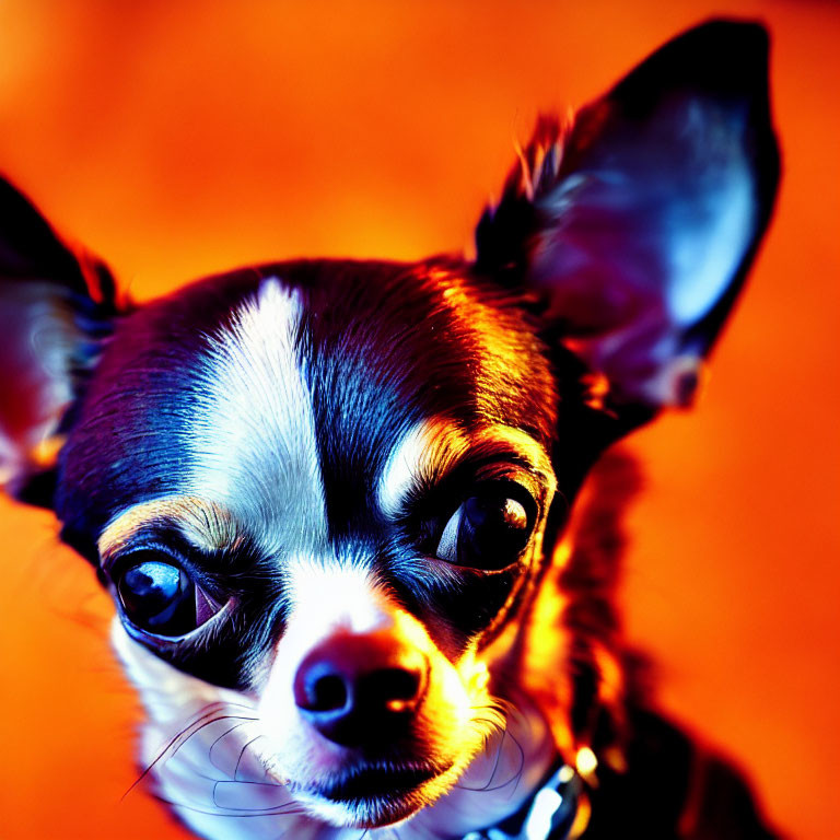 Small Chihuahua with Large Ears and Glossy Eyes on Orange Background