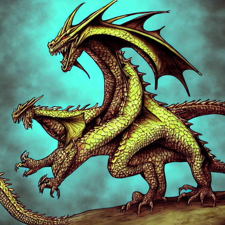 Green Two-Headed Dragon with Large Wings and Sharp Claws on Pale Blue Background