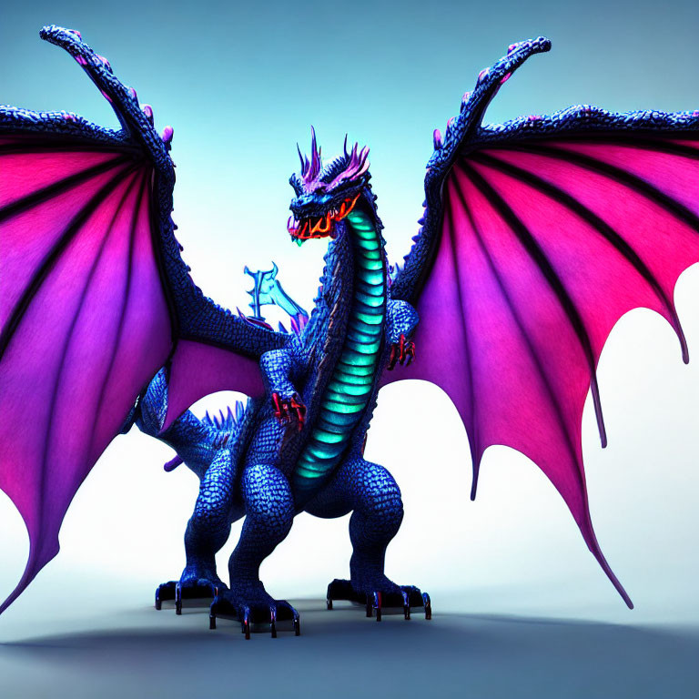 Majestic blue dragon with pink wings and roller skates