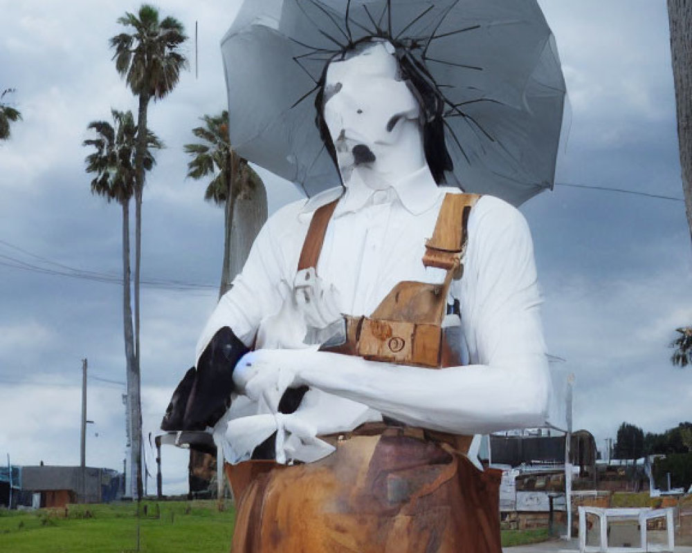 White-faced figure statue with umbrella and apron against cloudy sky and palm trees