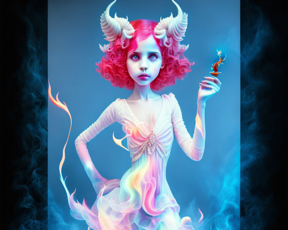 Surreal illustration of red-haired girl with horns in white dress amidst blue and orange flames holding blue