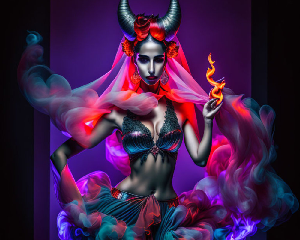Mystical horned woman with colorful smoke and flame on purple background