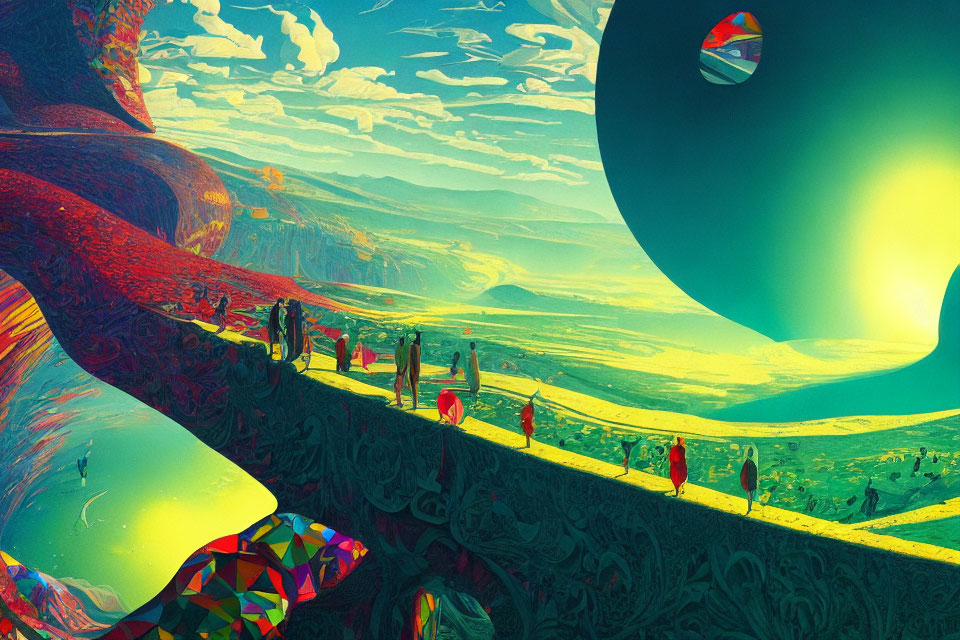 Colorful surreal landscape with stylized figures and glowing sphere.
