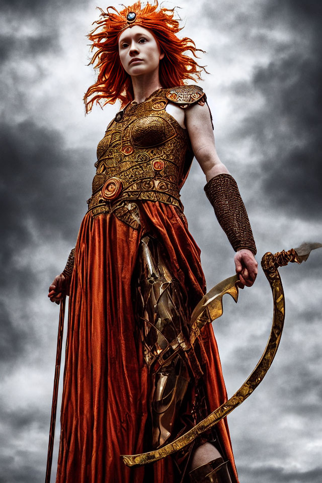 Red-haired woman in medieval warrior attire with golden bow under stormy sky