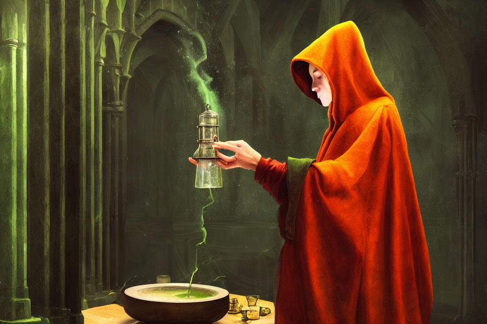 Person in Red Hooded Cloak Holding Lantern in Gothic-Style Room