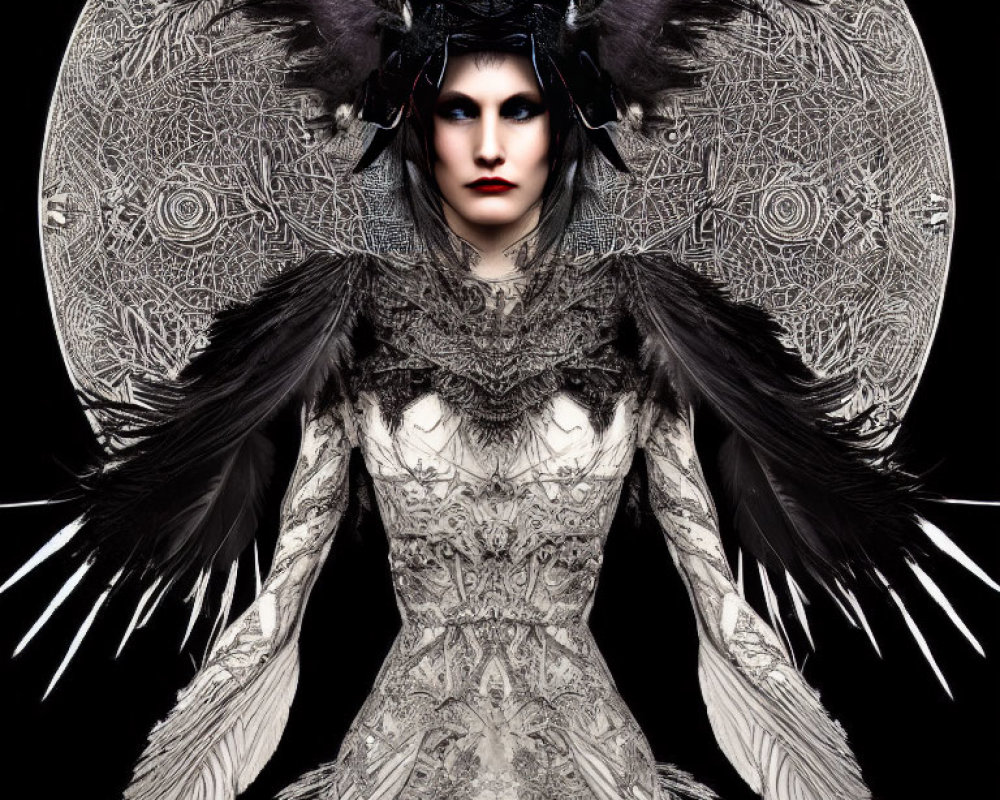 Intricate lace dress and feathered headpiece on gothic woman