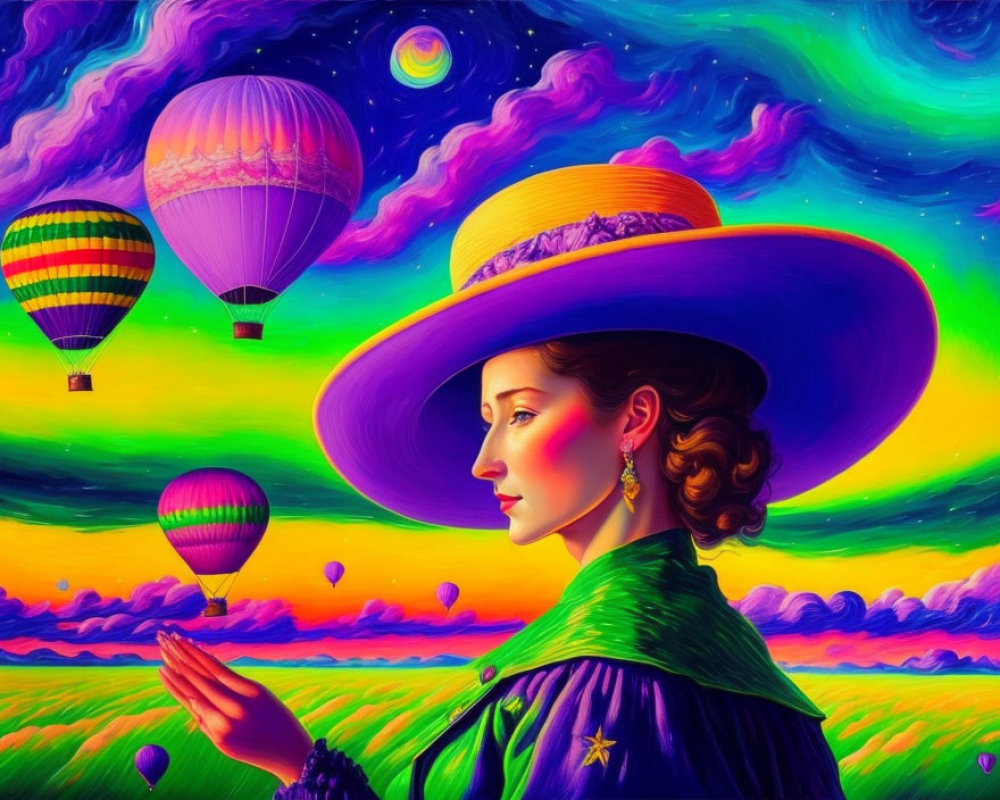 Woman in wide-brimmed hat admires butterfly with hot air balloons in surreal landscape