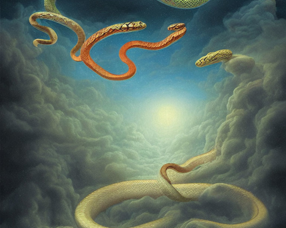 Surreal Artwork: Snakes in Cloudy Sky with Glowing Sun