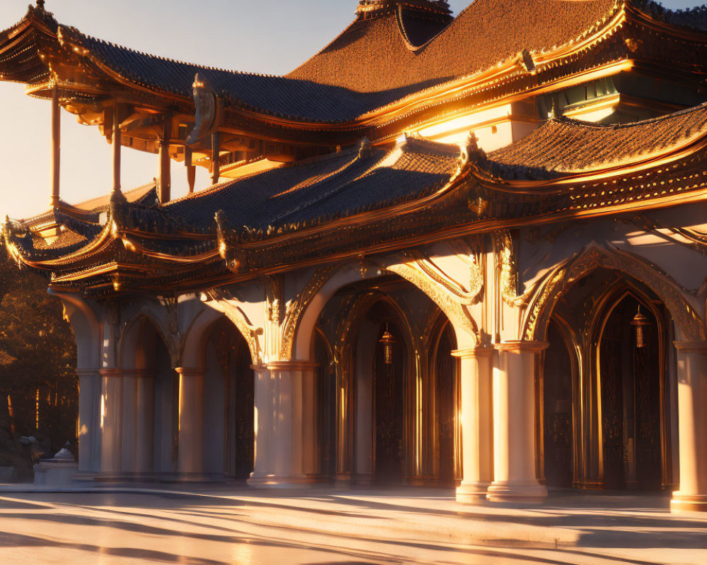 Golden-roofed Asian temple at sunset with intricate ornamentation