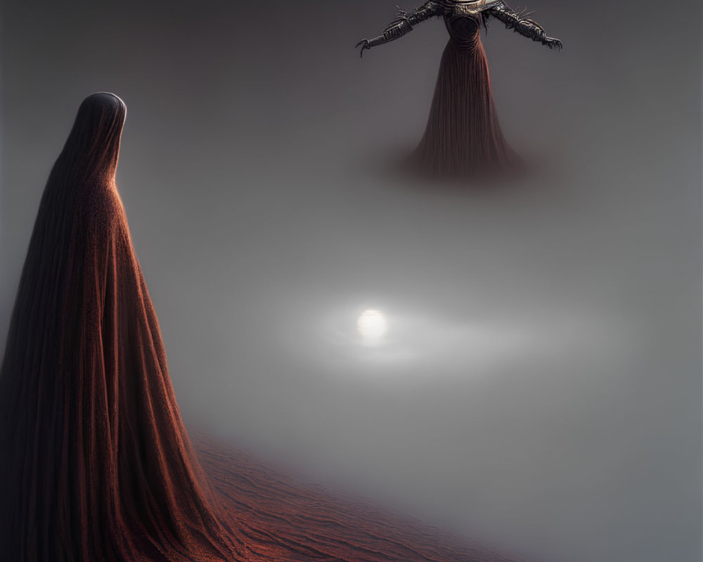 Mysterious cloaked figure and floating robed entity with glowing orb on textured surface