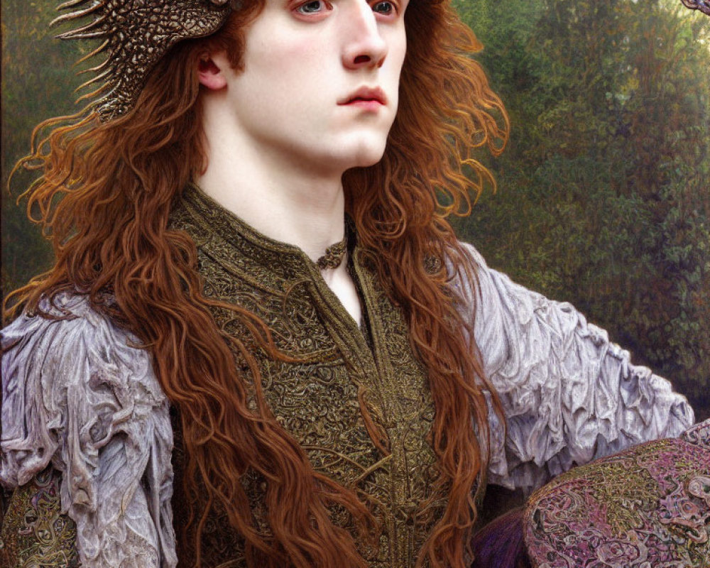 Fantasy portrait featuring person with ornate horns and curly red hair
