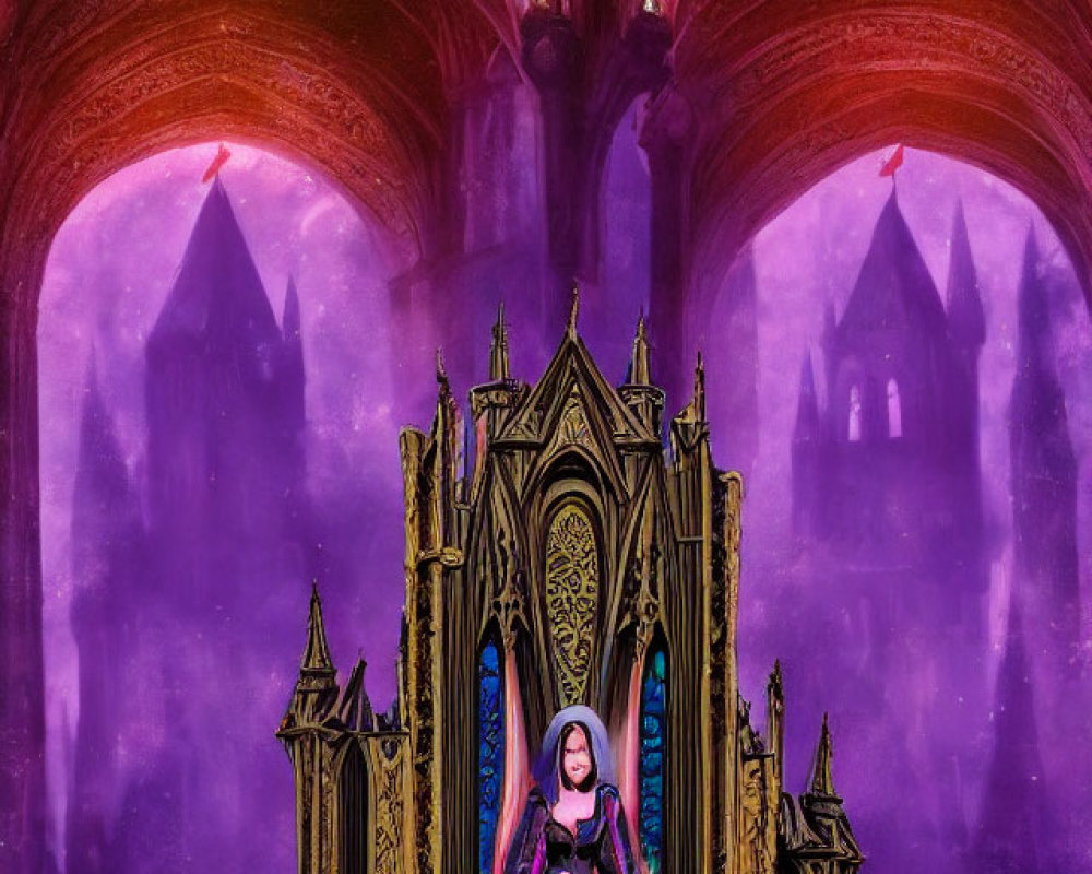 Colorful-haired woman on gothic throne in purple hall with arches.
