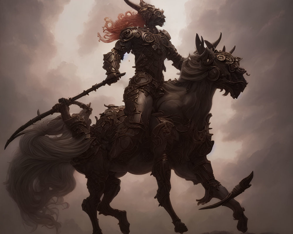 Ornate armored knight on horseback in dramatic clouds
