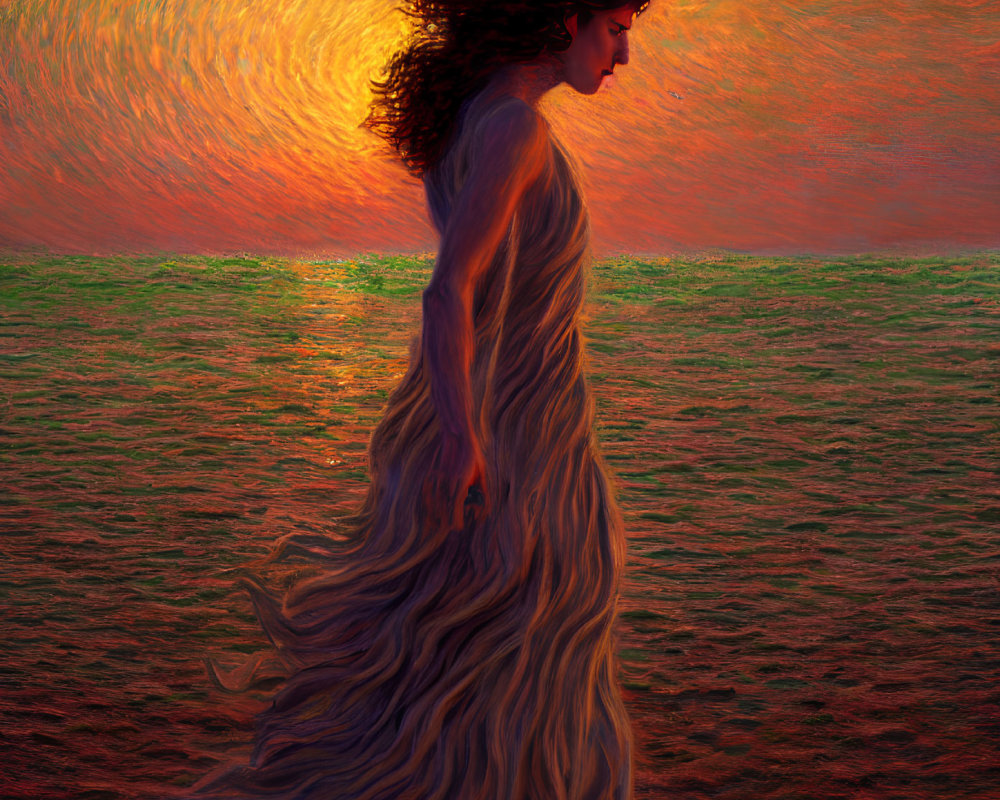 Woman in flowing dress against vibrant sunset backdrop evokes movement and passion.