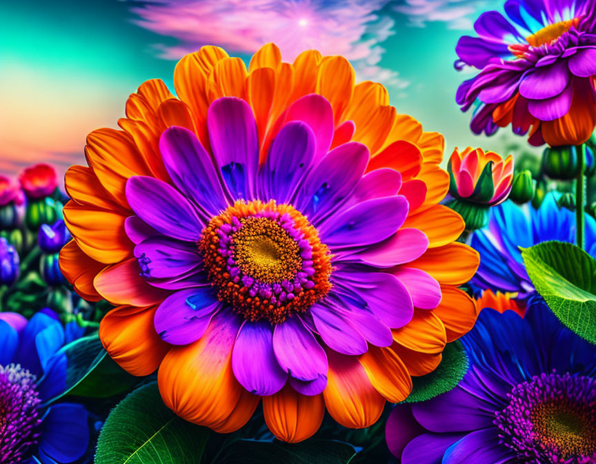 Colorful Flower in Full Bloom with Orange to Purple Petals