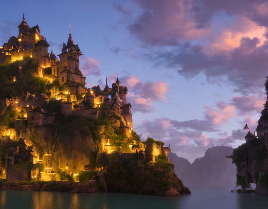 Fantasy castle with multiple towers on cliff at dusk