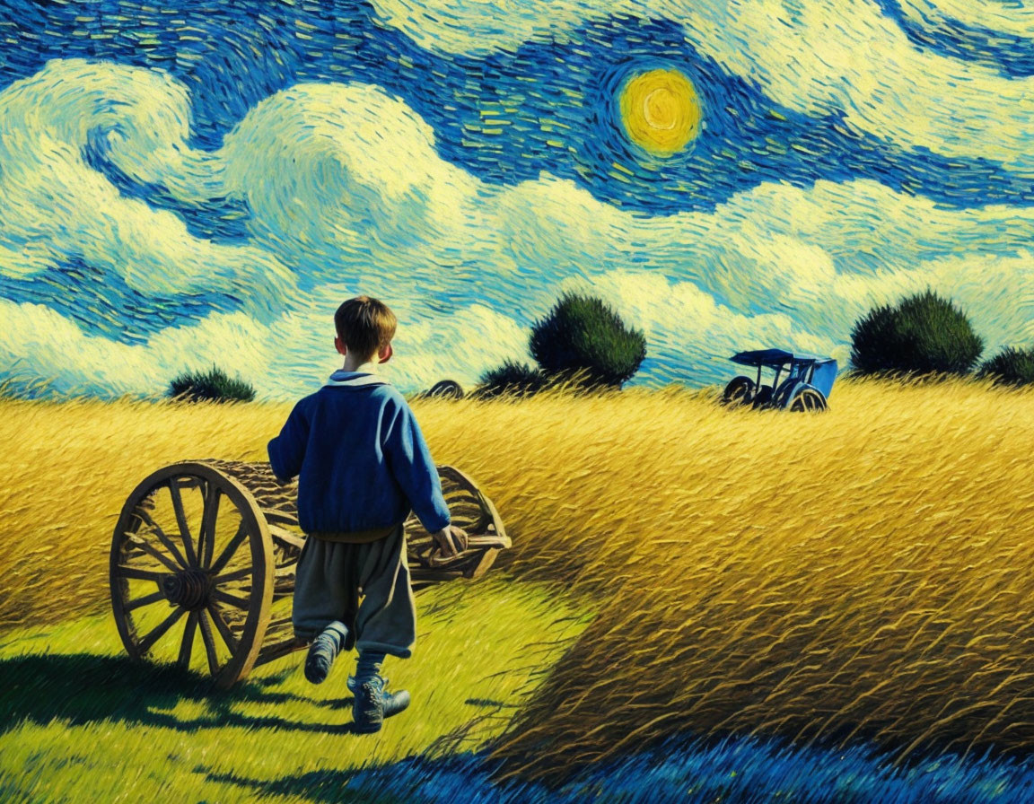Child in Blue Sweater Walking in Wheat Field with Van Gogh-inspired Sky