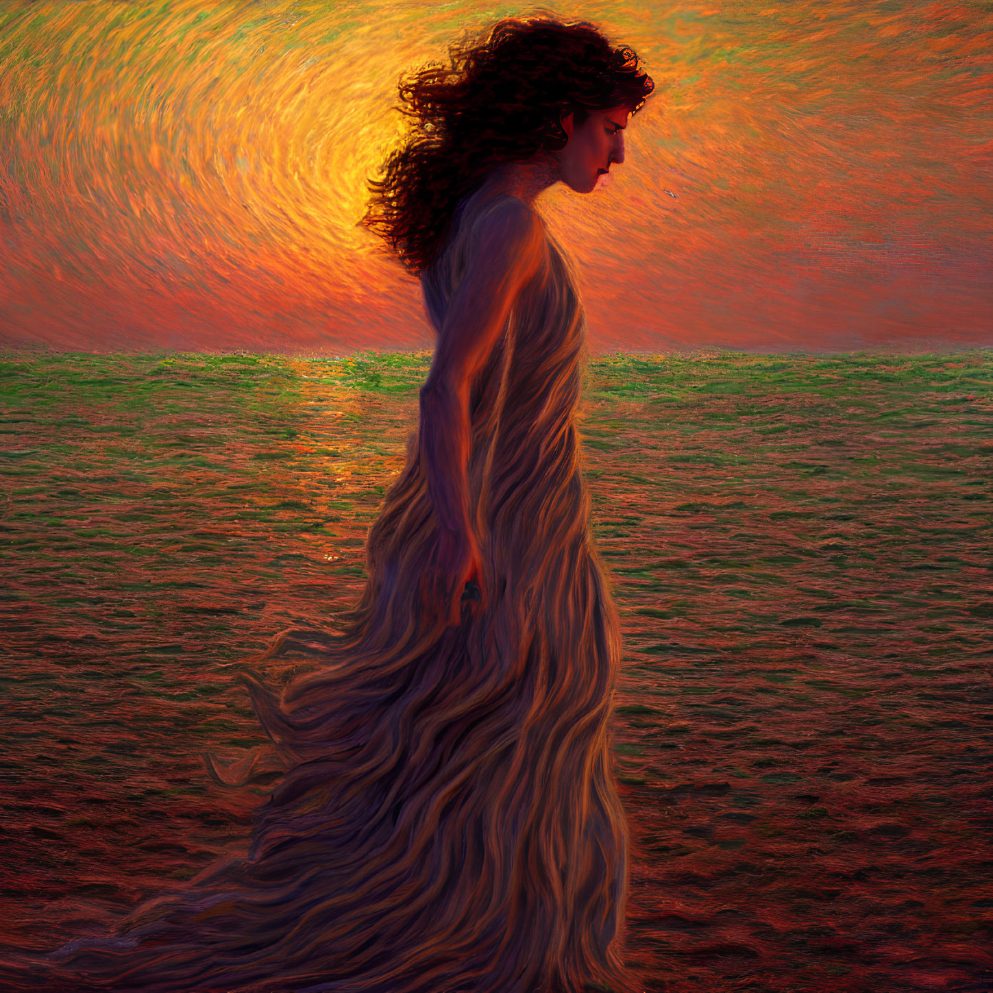 Woman in flowing dress against vibrant sunset backdrop evokes movement and passion.