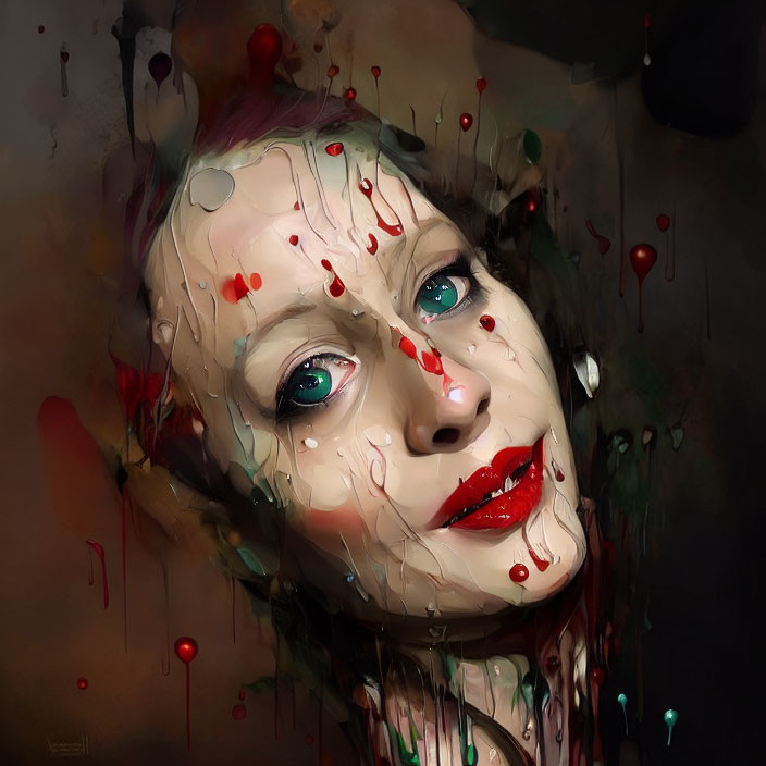Colorful digital painting of woman's face with dripping multicolored paint.