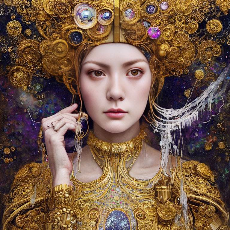 Woman in Golden Headdress with Cosmic Motifs on Starry Background