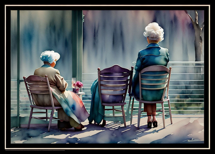 Elderly ladies with blue hat at outdoor table in serene setting