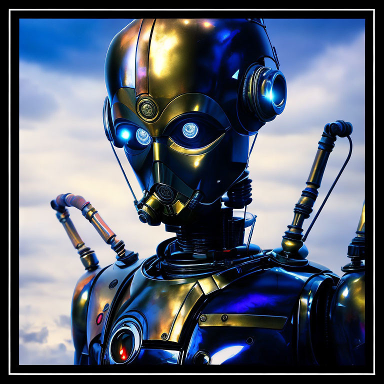 Shiny humanoid robot with blue light reflection on cloudy sky background