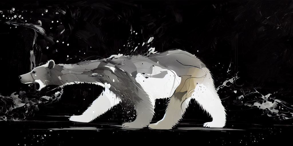 Monochrome digital art of a polar bear in fluid strokes