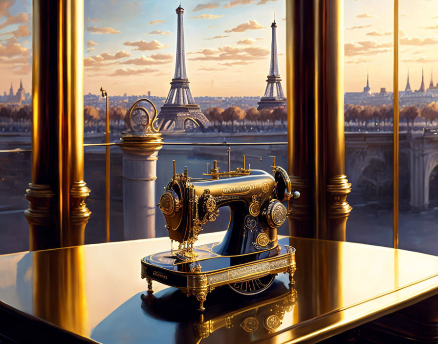 Vintage Sewing Machine on Table with Eiffel Tower View at Sunset