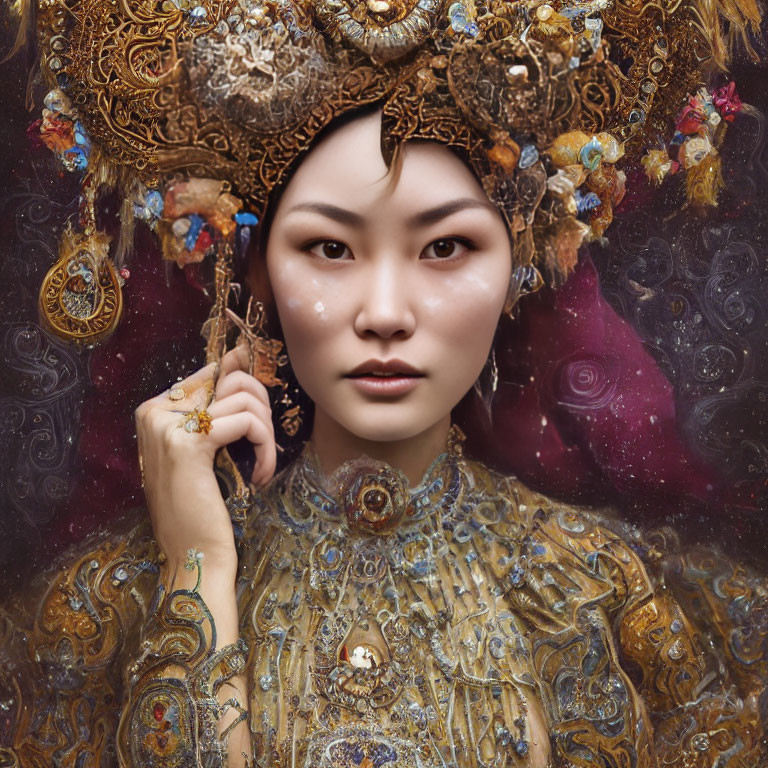 Woman with ornate golden headdress and intricate jewelry in cosmic setting gracefully touches temple.
