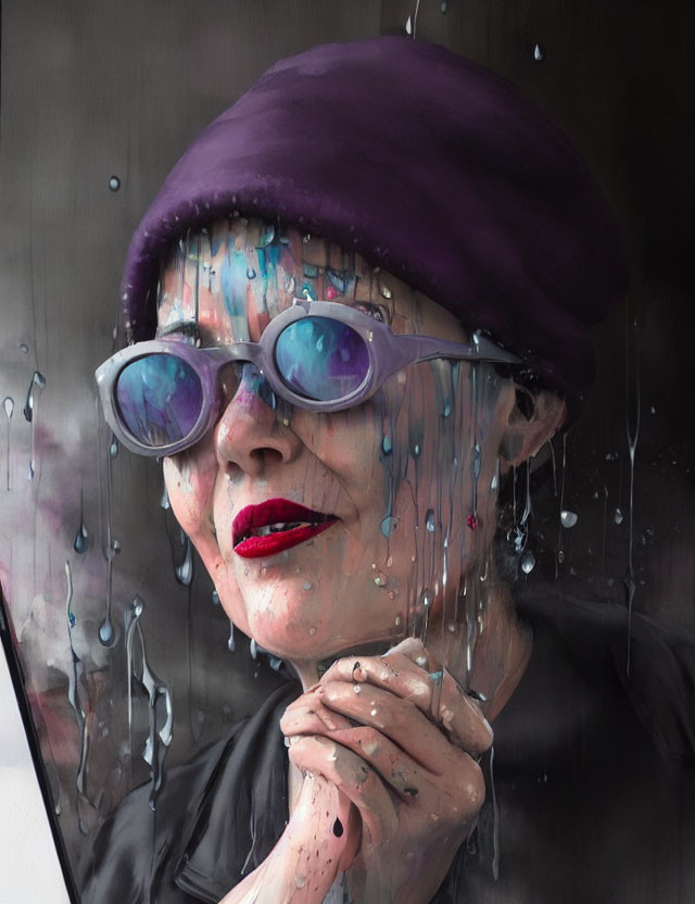 Woman in red lipstick and sunglasses wearing purple hat behind rain-streaked window