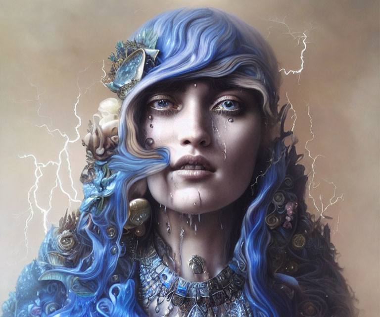 Fantasy portrait of woman with blue hair and tear-streaked cheeks in ethereal lightning