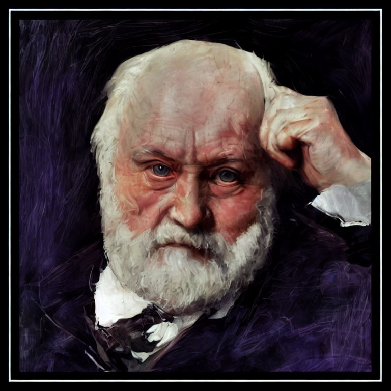 Elderly bearded man portrait with thoughtful expression against dark background