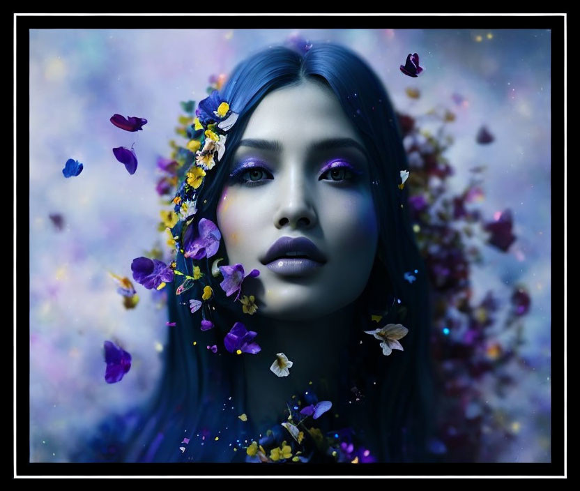 Woman with Blue Hair & Vibrant Makeup Surrounded by Flowers