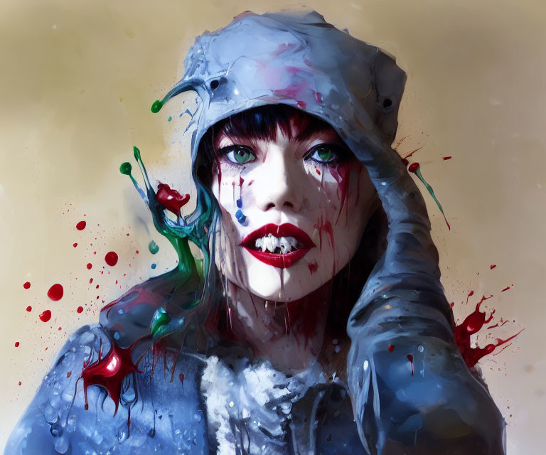Stylized digital painting of woman in blue hood with vibrant paint splatters