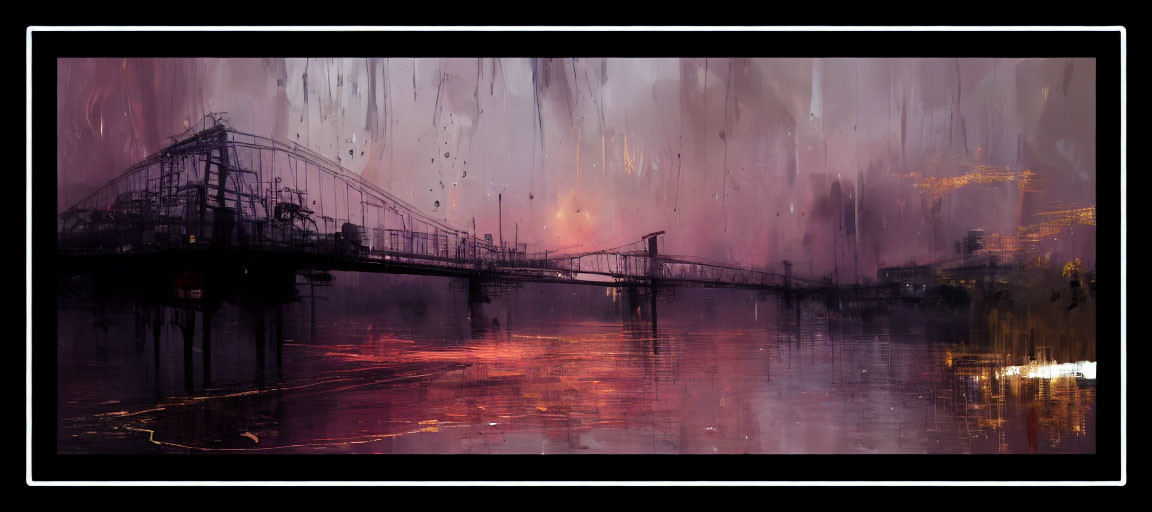 Vivid red and purple dusk industrial bridge scene digital painting