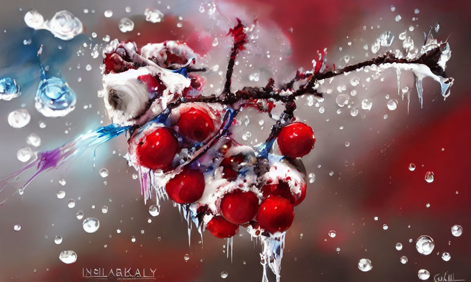 Vibrant red berries in snow with water droplets on red background
