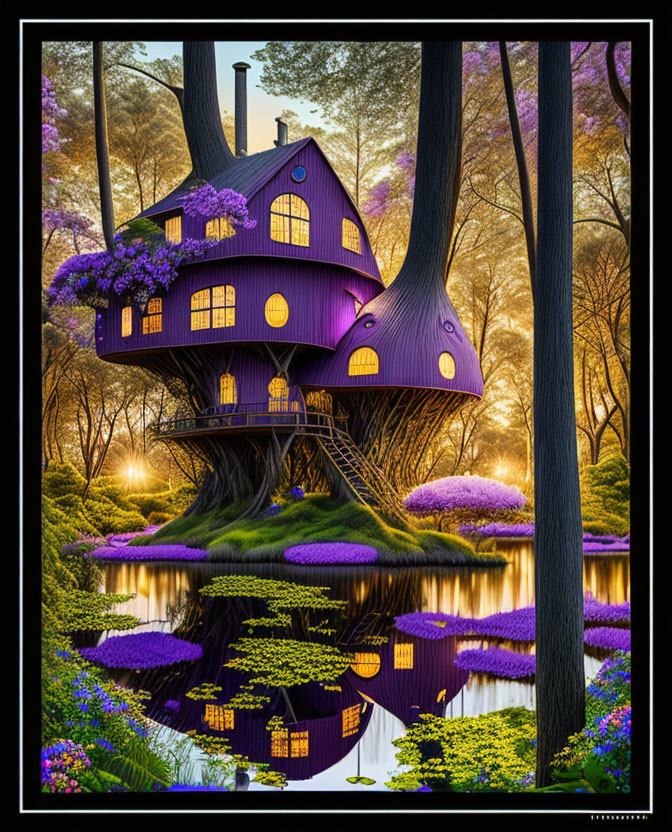 Whimsical Purple House in Vibrant Forest with Reflection in Tranquil Pond