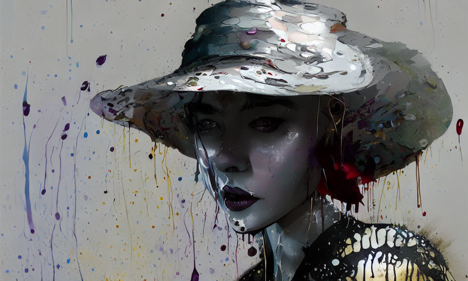 Digital painting of woman in melting silver hat with vibrant paint drips