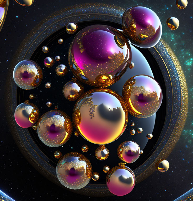 Abstract Image: Shiny Gold and Purple Spheres on Dark Starry Background